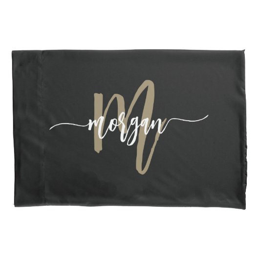 Black Gold Modernes Script Giron Monogram Name Kissenbezug (Vorderseite)