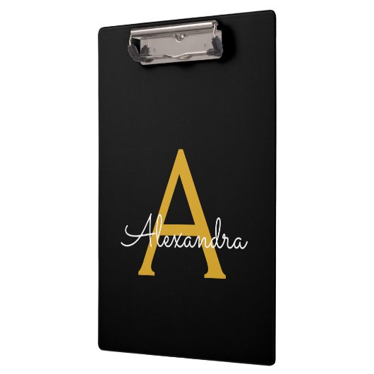 Black Gold Modernes Script Giron Monogram Name Klemmbrett (Links)