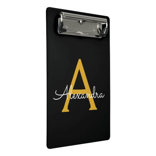 Black Gold Modernes Script Giron Monogram Name Mini Klemmbrett (Schrägansicht)
