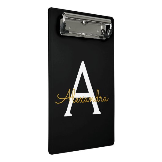 Black Gold Modernes Script Giron Monogram Name Mini Klemmbrett (Schrägansicht)
