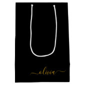Black Gold Modernes Script Giron Monogram Name Mittlere Geschenktüte (Rückseite)