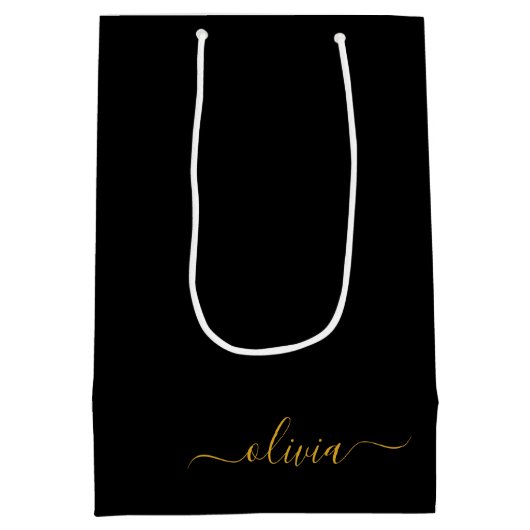 Black Gold Modernes Script Giron Monogram Name Mittlere Geschenktüte (Rückseite)