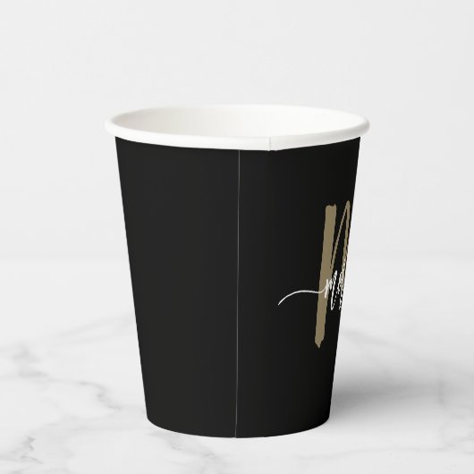 Black Gold Modernes Script Giron Monogram Name Pappbecher (Rechts)