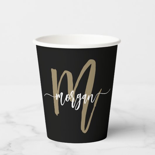 Black Gold Modernes Script Giron Monogram Name Pappbecher (Vorderseite)