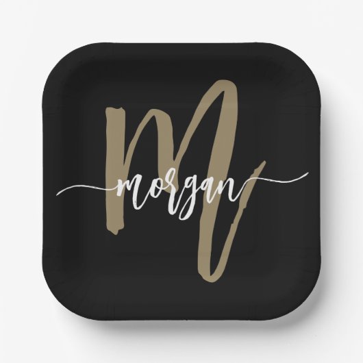 Black Gold Modernes Script Giron Monogram Name Pappteller (Vorderseite)