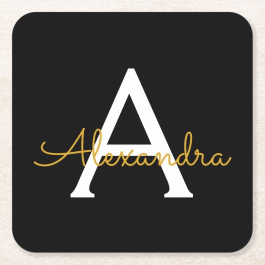 Black Gold Modernes Script Giron Monogram Name Rechteckiger Pappuntersetzer (Vorderseite)