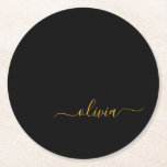 Black Gold Modernes Script Giron Monogram Name Runder Pappuntersetzer<br><div class="desc">Untersetzer für einfache,  schwarze und goldene Skripte Monogram Name Paper. Dies macht den perfekten Abschluss,  Geburtstag,  Hochzeit,  Brautparty,  Jubiläum,  Babydusche oder Junggeselinnen-Abschied Geschenk für jemanden,  die Lieben glamourösen Luxus und schicke Stile.</div>
