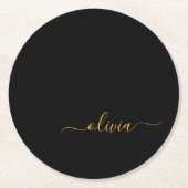 Black Gold Modernes Script Giron Monogram Name Runder Pappuntersetzer (Vorderseite)