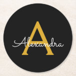 Black Gold Modernes Script Giron Monogram Name Runder Pappuntersetzer<br><div class="desc">Untersetzer für einfache,  schwarze und goldene Skripte Monogram Name Paper. Dies macht den perfekten Abschluss,  Geburtstag,  Hochzeit,  Brautparty,  Jubiläum,  Babydusche oder Junggeselinnen-Abschied Geschenk für jemanden,  die Lieben glamourösen Luxus und schicke Stile.</div>