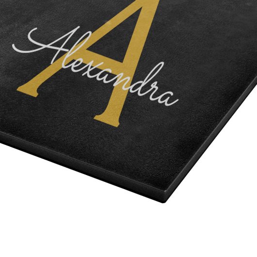 Black Gold Modernes Script Giron Monogram Name Schneidebrett (Ecke)