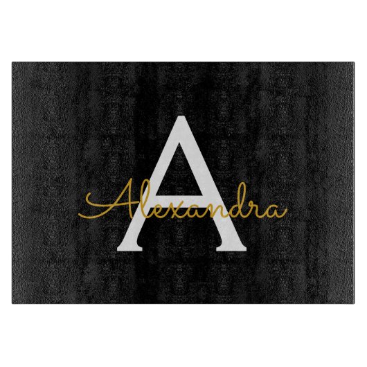 Black Gold Modernes Script Giron Monogram Name Schneidebrett (Vorderseite)