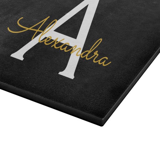 Black Gold Modernes Script Giron Monogram Name Schneidebrett (Ecke)