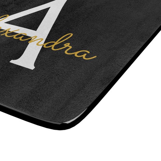 Black Gold Modernes Script Giron Monogram Name Schneidebrett (Ecke)