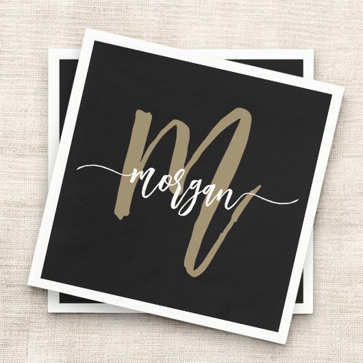 Black Gold Modernes Script Giron Monogram Name Serviette