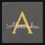 Black Gold Modernes Script Giron Monogram Name Steinuntersetzer<br><div class="desc">Schwarz und Gold einfache Script Monogram Name Stone Tile. Das macht den perfekten Abschluss,  süßen 16 Geburtstag,  Hochzeit,  Brautparty,  Jubiläum,  Babydusche oder Junggeselinnen-Abschied Geschenk für jemanden,  die Lieben glamourösen Luxus und schicke Stile.</div>