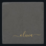 Black Gold Modernes Script Giron Monogram Name Steinuntersetzer<br><div class="desc">Schwarz und Gold einfache Script Monogram Name Stone Tile. Das macht den perfekten Abschluss,  süßen 16 Geburtstag,  Hochzeit,  Brautparty,  Jubiläum,  Babydusche oder Junggeselinnen-Abschied Geschenk für jemanden,  die Lieben glamourösen Luxus und schicke Stile.</div>