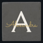 Black Gold Modernes Script Giron Monogram Name Steinuntersetzer<br><div class="desc">Schwarz und Gold einfache Script Monogram Name Stone Tile. Das macht den perfekten Abschluss,  süßen 16 Geburtstag,  Hochzeit,  Brautparty,  Jubiläum,  Babydusche oder Junggeselinnen-Abschied Geschenk für jemanden,  die Lieben glamourösen Luxus und schicke Stile.</div>