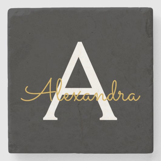 Black Gold Modernes Script Giron Monogram Name Steinuntersetzer (Vorderseite)