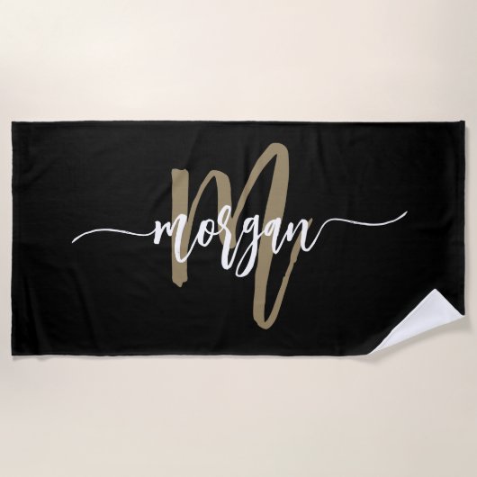 Black Gold Modernes Script Giron Monogram Name Strandtuch (Vorderseite)