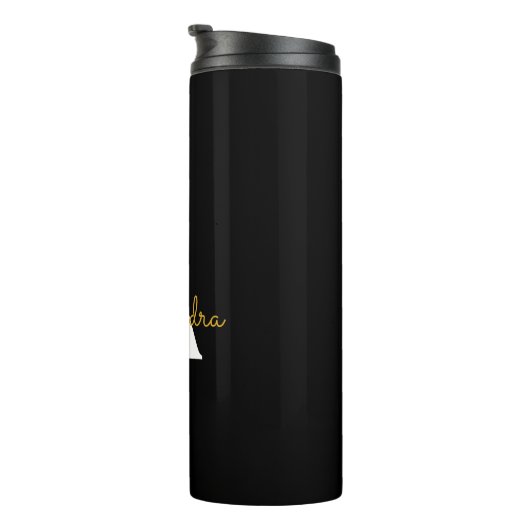 Black Gold Modernes Script Giron Monogram Name Thermosbecher (Nach rechts gedreht)