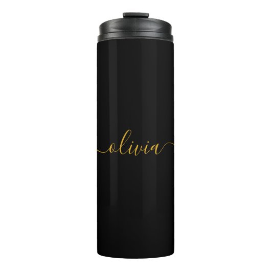 Black Gold Modernes Script Giron Monogram Name Thermosbecher (Vorderseite)