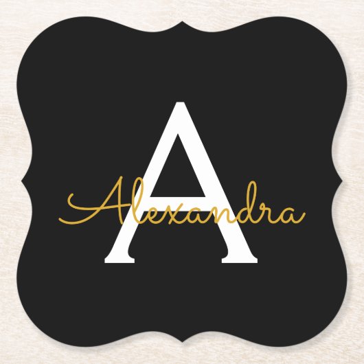 Black Gold Modernes Script Giron Monogram Name Untersetzer (Vorderseite)