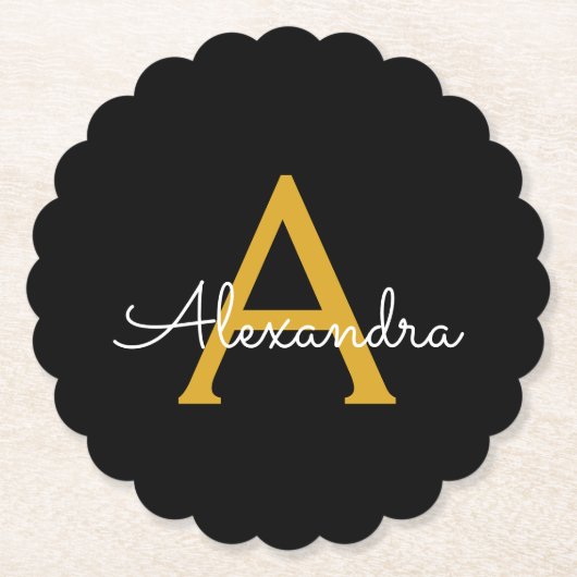 Black Gold Modernes Script Giron Monogram Name Untersetzer (Vorderseite)