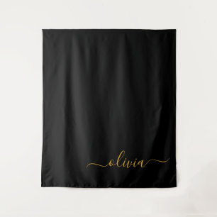 Black Gold Modernes Script Giron Monogram Name Wandteppich
