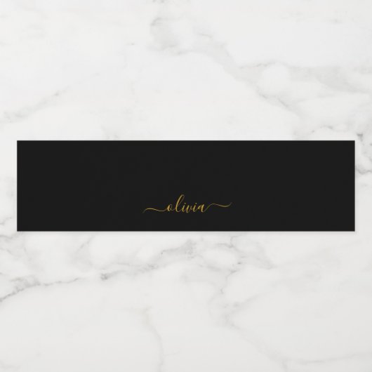 Black Gold Modernes Script Giron Monogram Name Wasserflaschenetikett (Einzelnes Label)