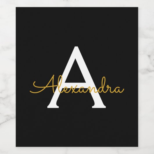 Black Gold Modernes Script Giron Monogram Name Weinetikett (Einzelnes Label)