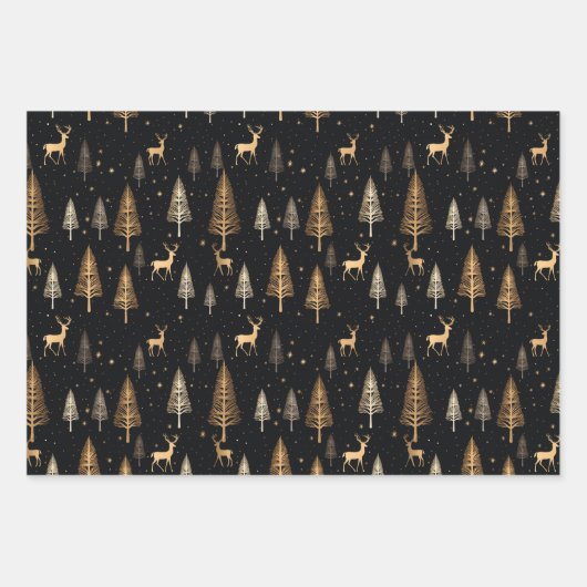 Black Gold Modernes Weihnachtswrapping Papier Hirs (Vorderseite)