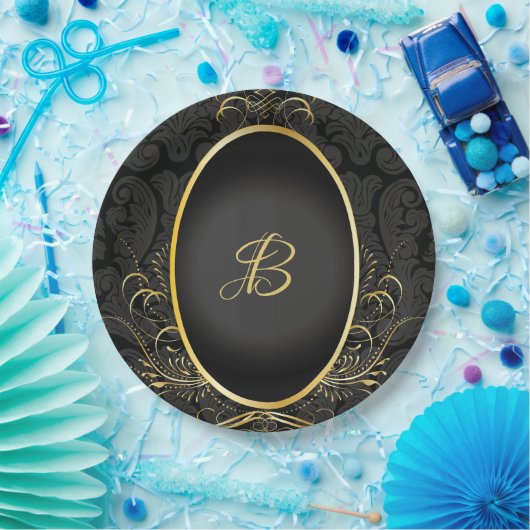 Black gold Monogram Classy Royal Style Plate Pappteller (Party)