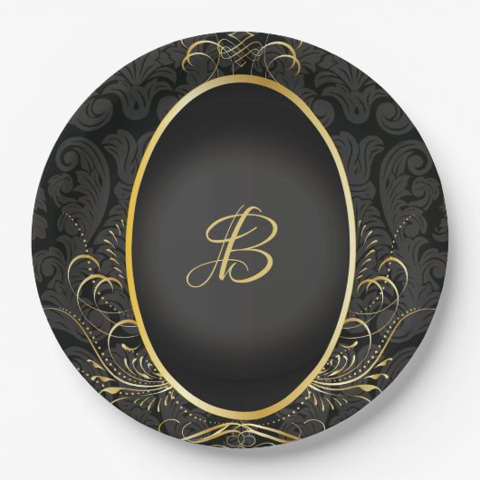 Black gold Monogram Classy Royal Style Plate Pappteller (Vorderseite)