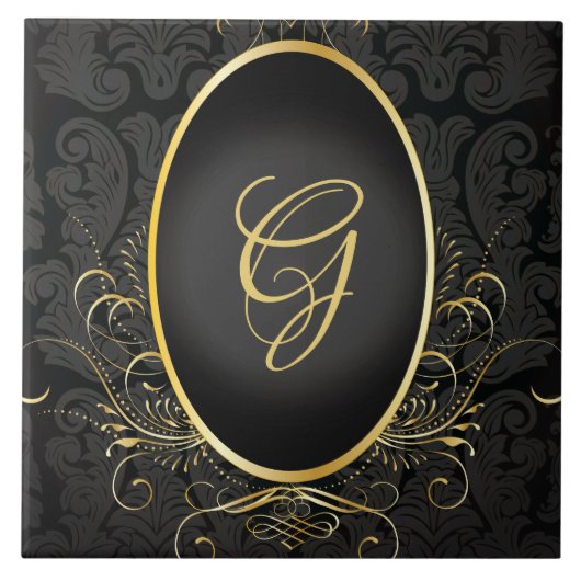 Black gold Monogram Classy Royal Style Tile Fliese (Vorderseite)