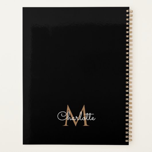 Black Gold Monogram Elegant Girly Script 2023 Planer (Rückseite)