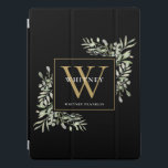 Black Gold Monogram Elegant Greenery iPad Pro Hülle<br><div class="desc">Elegante Aquarell Blätter Monogramm Name Handy Fall mit einem Gold Monogramm Initial auf einem schicken schwarzen Hintergrund. Entwickelt von Thisisnotme©</div>