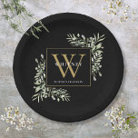 Black Gold Monogram Elegant Moderne Grüne Pappteller<br><div class="desc">Elegante Aquarellgrün verlasse eine Monogramm-Namenspapierplatte mit einem goldenen Monogramm-Initial auf einem schicken schwarzen Hintergrund. Entwickelt von Thisisnotme©</div>