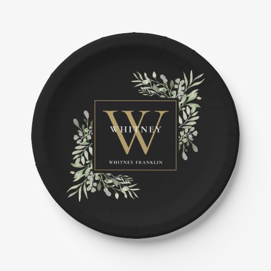 Black Gold Monogram Elegant Moderne Grüne Pappteller (Vorderseite)