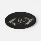 Black Gold Monogram Elegant Moderne Grüne Pappteller (Schrägansicht)