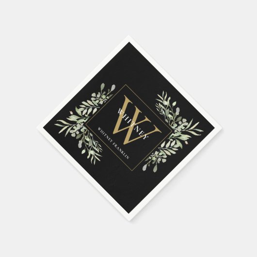 Black Gold Monogram Elegant Moderne Grüne Serviette (Ecke)