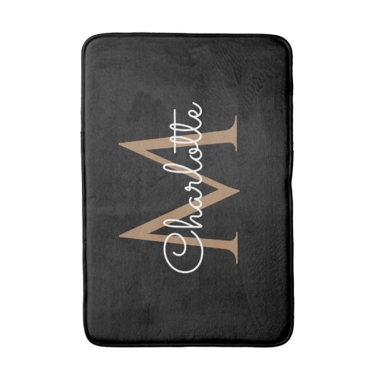 Black Gold Monogram Elegante Girly Script Bath Mat Badematte (Vorderseite Vertikal)