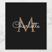 Black Gold Monogram Elegante Girly Script Weinetikett (Einzelnes Label)