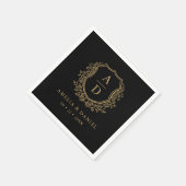 Black Gold Monogram Floral Wappen Wedding Serviette (Ecke)