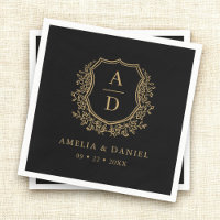 Black Gold Monogram Floral Wappen Wedding