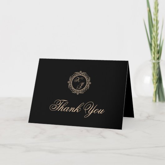 Black Gold Monogram Foto Wedding Dankeschön Card Dankeskarte (Vorderseite)
