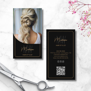 Black Gold Monogram Haar Stylist Salon Foto QR Visitenkarte