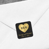Black & Gold Monogram Heart Save the Date Hochzeit Quadratischer Aufkleber