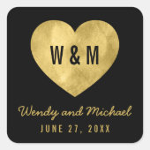 Black & Gold Monogram Heart Save the Date Hochzeit Quadratischer Aufkleber (Vorderseite)