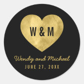 Black & Gold Monogram Heart Wedding Save the Date Runder Aufkleber (Vorderseite)