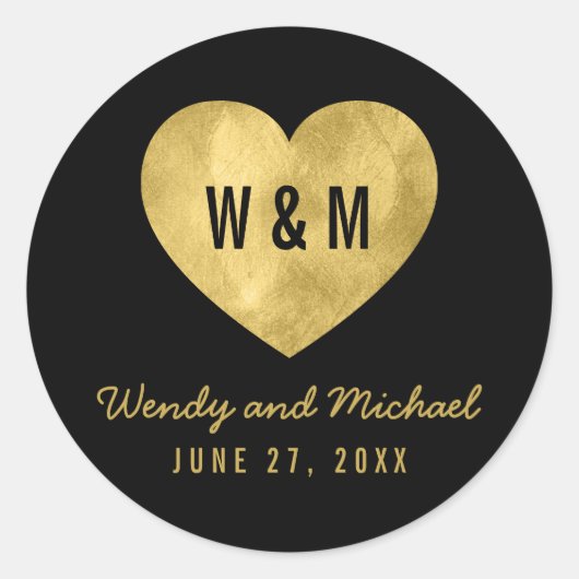 Black & Gold Monogram Heart Wedding Save the Date Runder Aufkleber (Vorderseite)